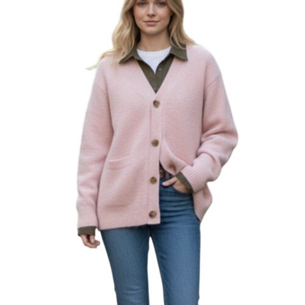GU Puffy Touch Knit V-Neck Pink Cardigan Sweater size Medium